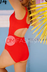 Zipper Open Back Textured One Piece - Cherry Red